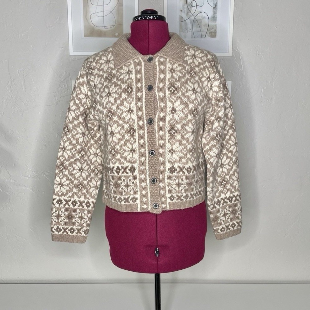Nomadic Traders Cardigan Women S Beige Fair Isle 100% Shetland Wool Button Front